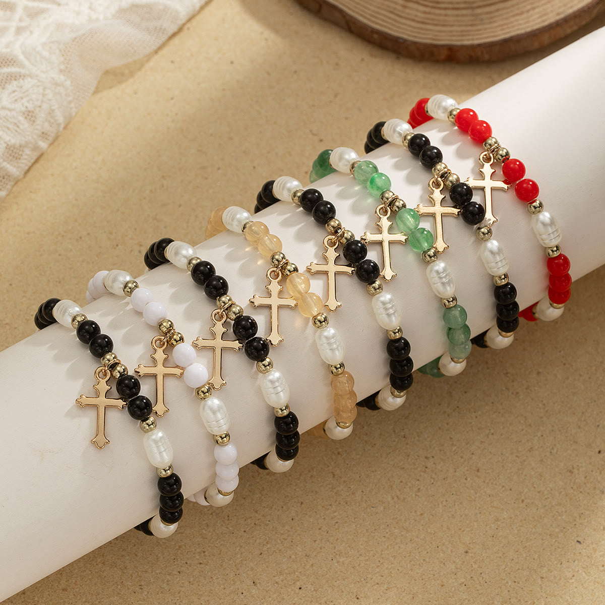 Stackable Beaded Cross Bracelet Duo: An Emblem of Steadfast Belief and Versatile Beauty