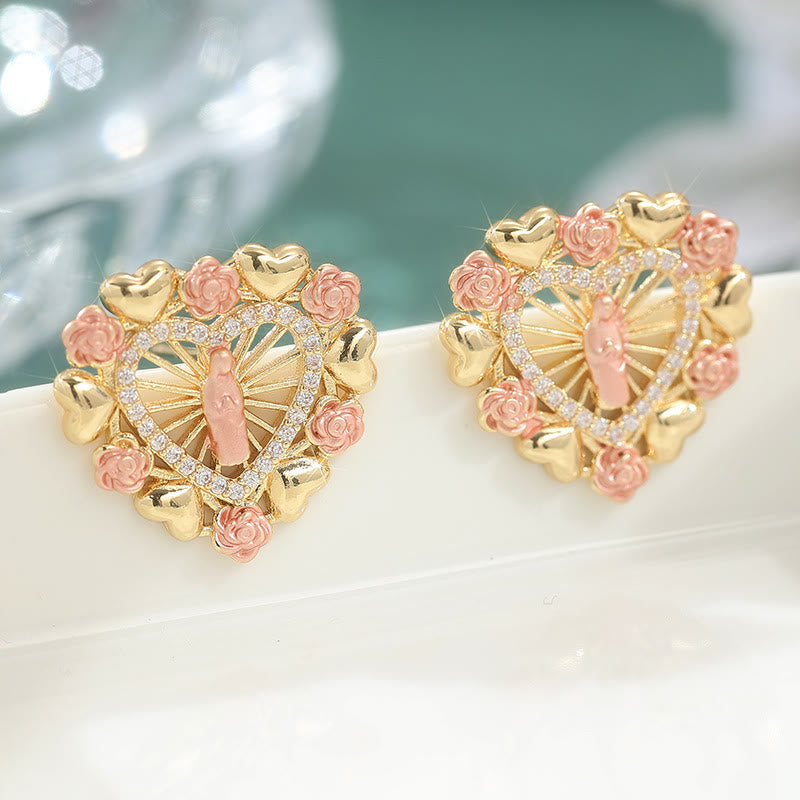 Ornate Marian Stud Earrings with Pink Roses & Zirconia Halo: A Symbol of Devotion