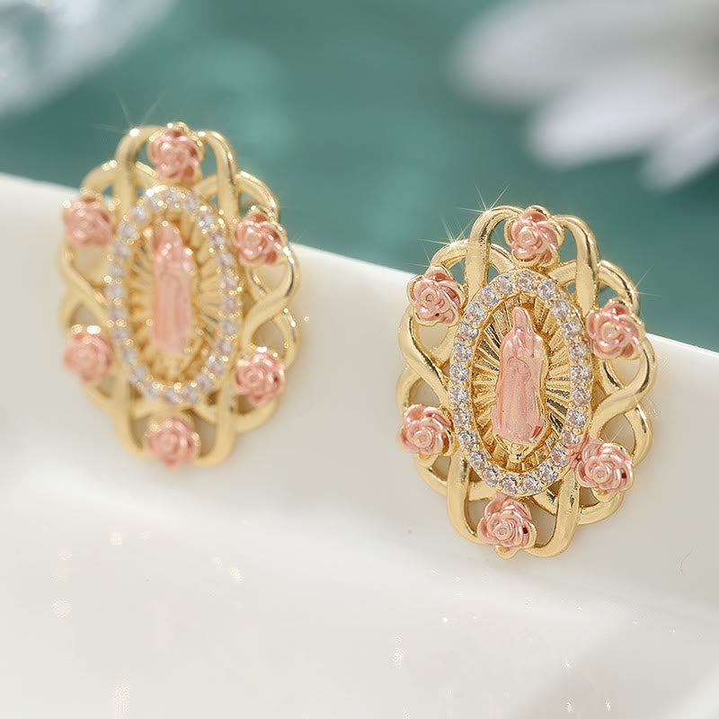 Ornate Marian Stud Earrings with Pink Roses & Zirconia Halo: A Symbol of Devotion