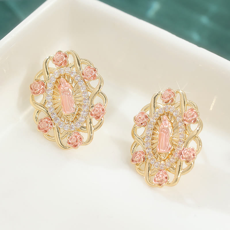Ornate Marian Stud Earrings with Pink Roses & Zirconia Halo: A Symbol of Devotion