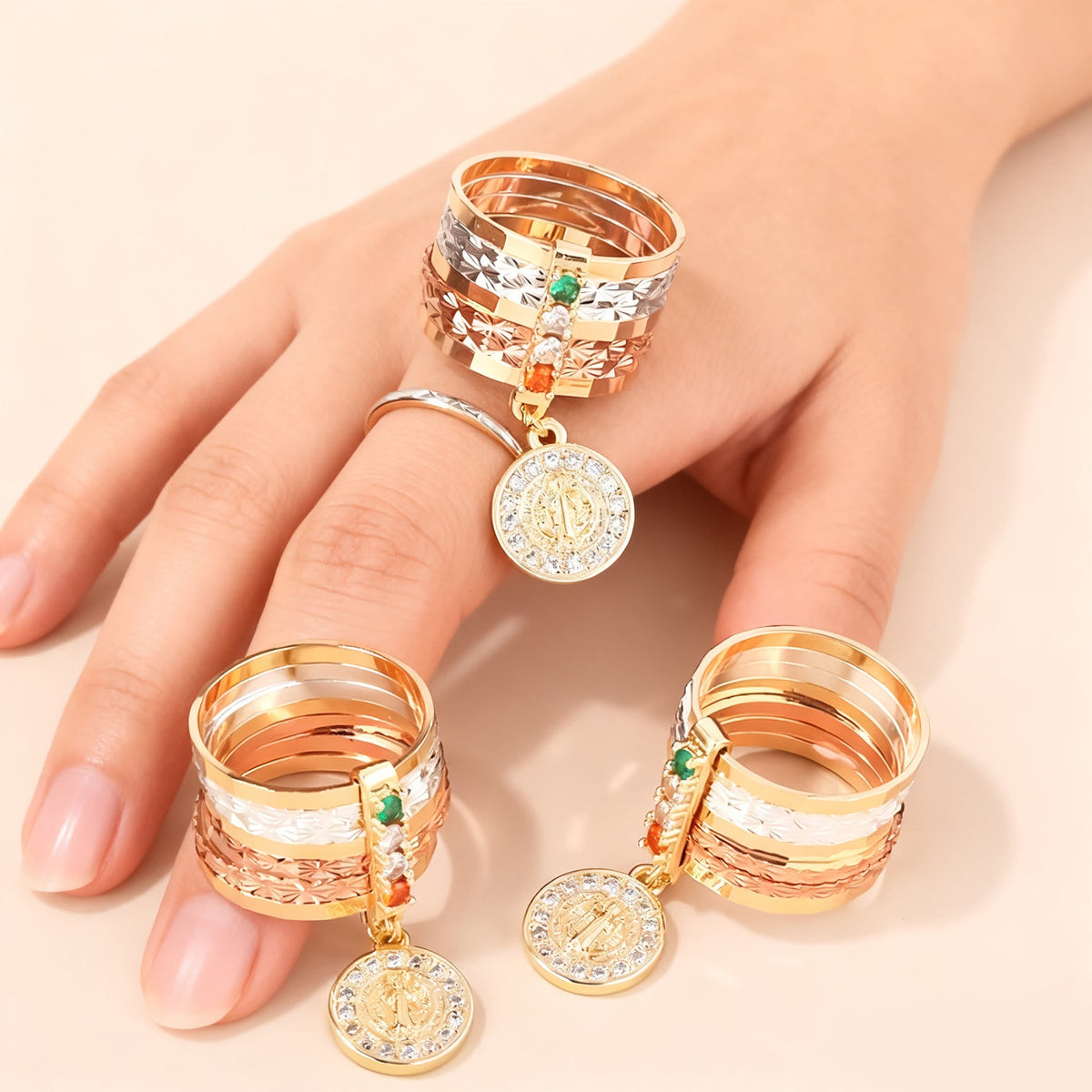 Multi-Tiered Marian Devotion Ring with Dangling Medal: A Daily Symbol of Hope and Encouragement