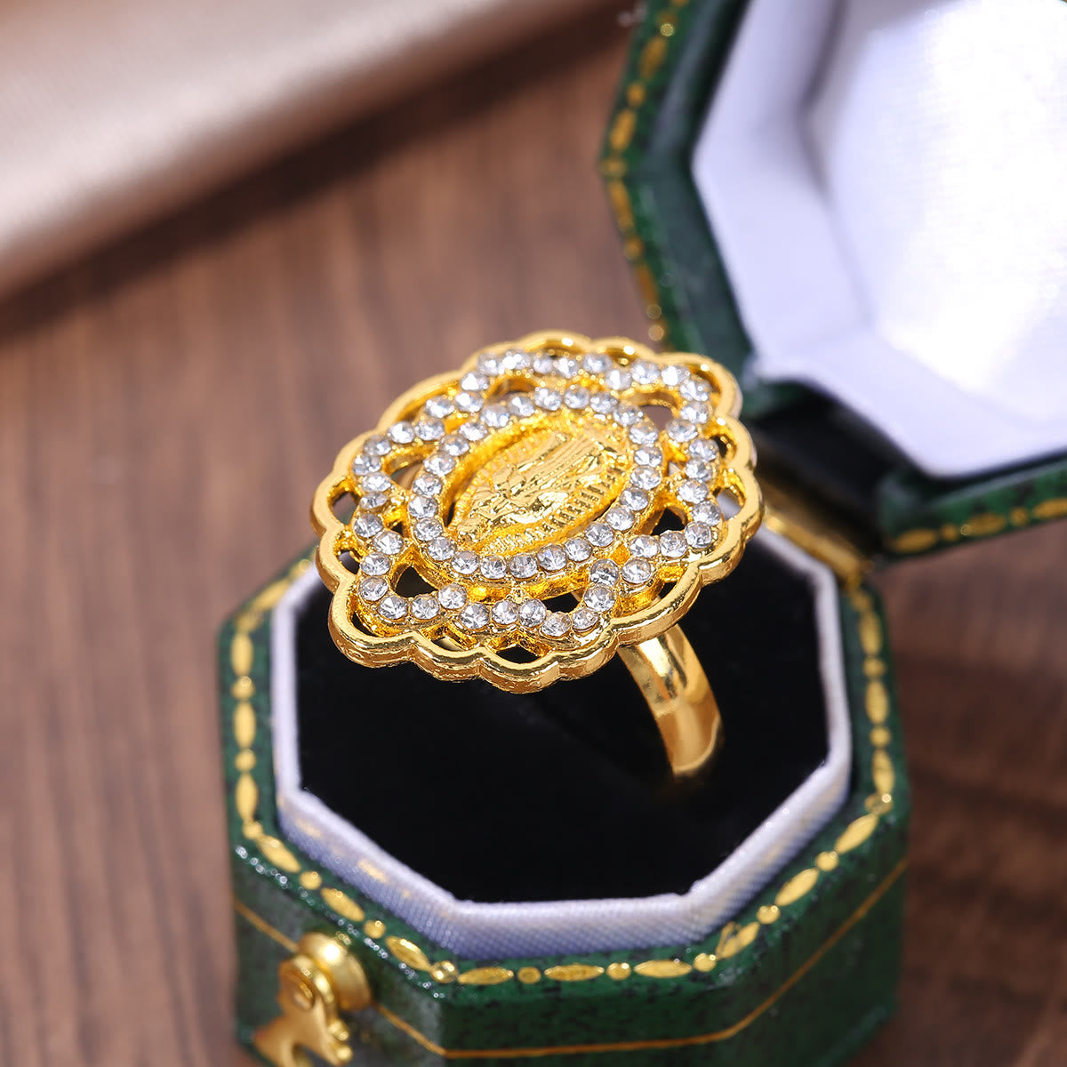 Ornate Lace-Edge Marian Ring with Zirconia Halo: A Symbol of Devotion