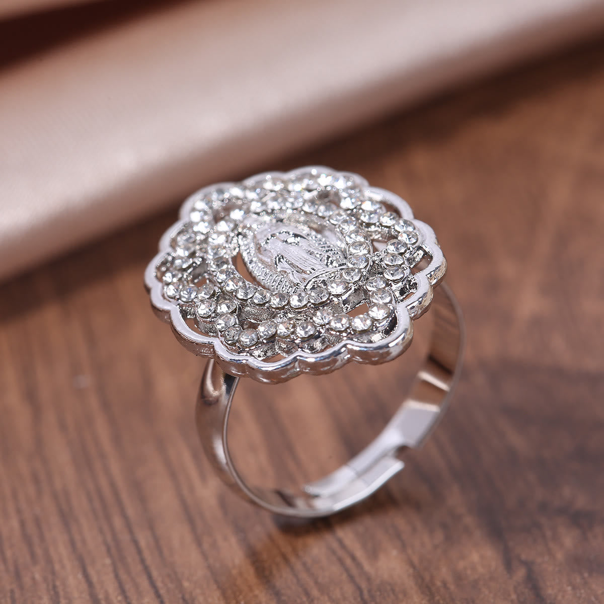 Ornate Lace-Edge Marian Ring with Zirconia Halo: A Symbol of Devotion