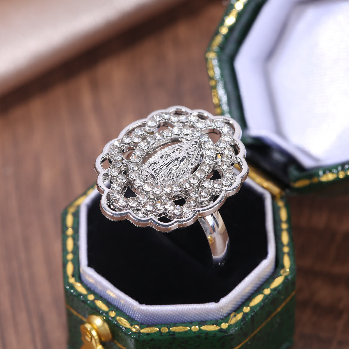 Ornate Lace-Edge Marian Ring with Zirconia Halo: A Symbol of Devotion