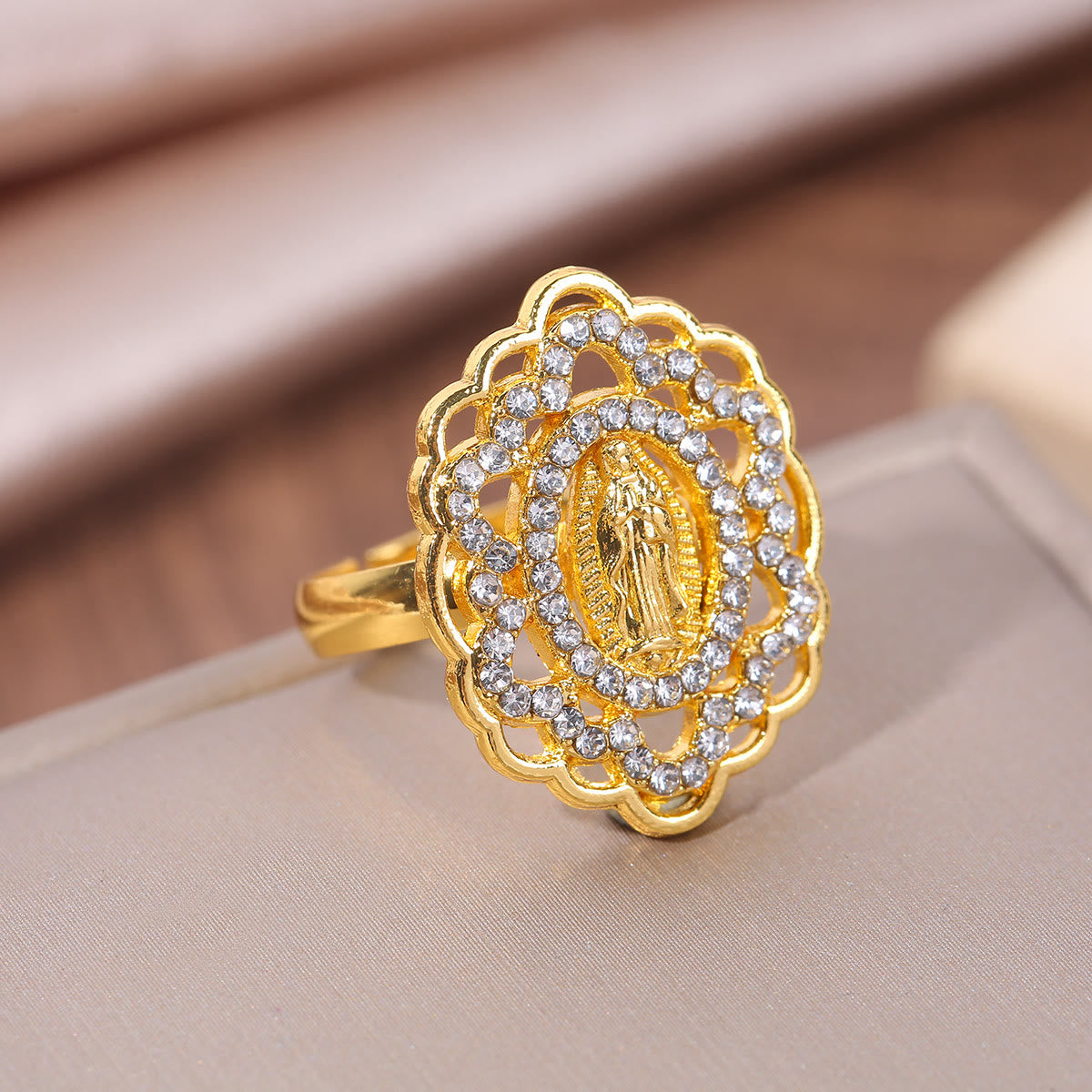 Ornate Lace-Edge Marian Ring with Zirconia Halo: A Symbol of Devotion
