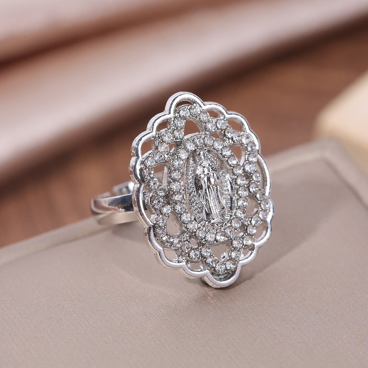 Ornate Lace-Edge Marian Ring with Zirconia Halo: A Symbol of Devotion
