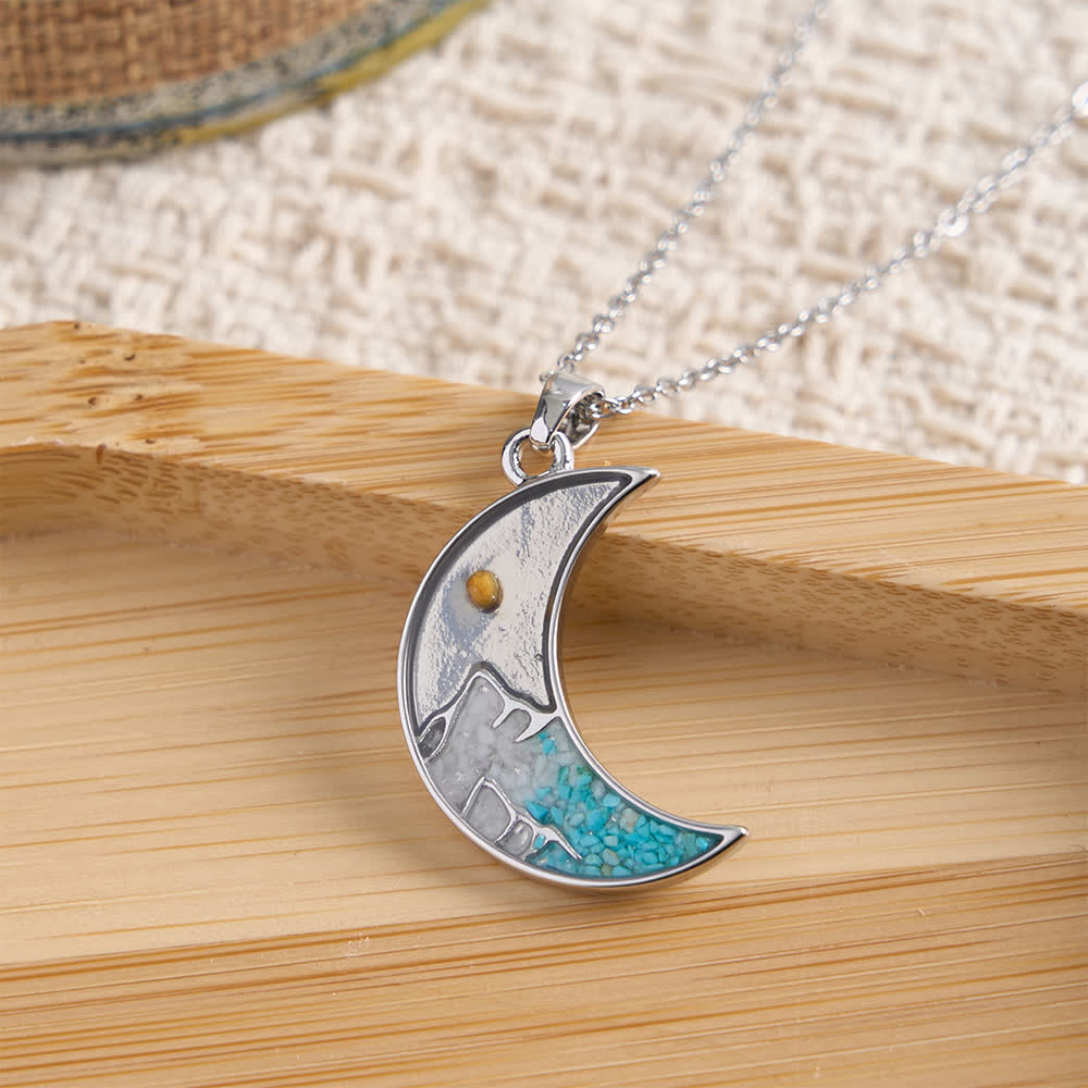 Mustard Seed Crescent Moon & Cross Necklace: Turquoise Inlay & Silver-Tone Design