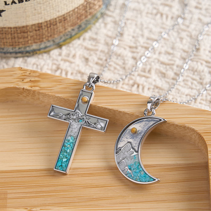 Mustard Seed Crescent Moon & Cross Necklace: Turquoise Inlay & Silver-Tone Design