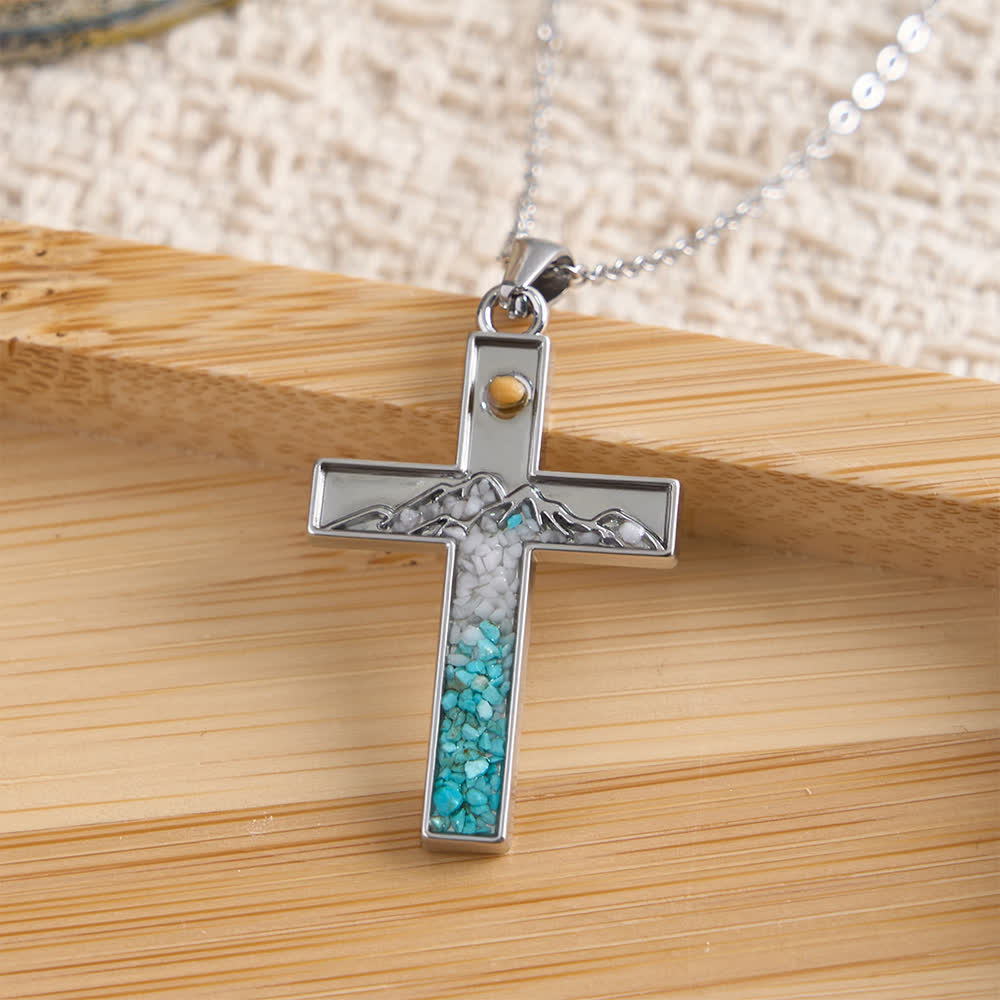 Mustard Seed Crescent Moon & Cross Necklace: Turquoise Inlay & Silver-Tone Design