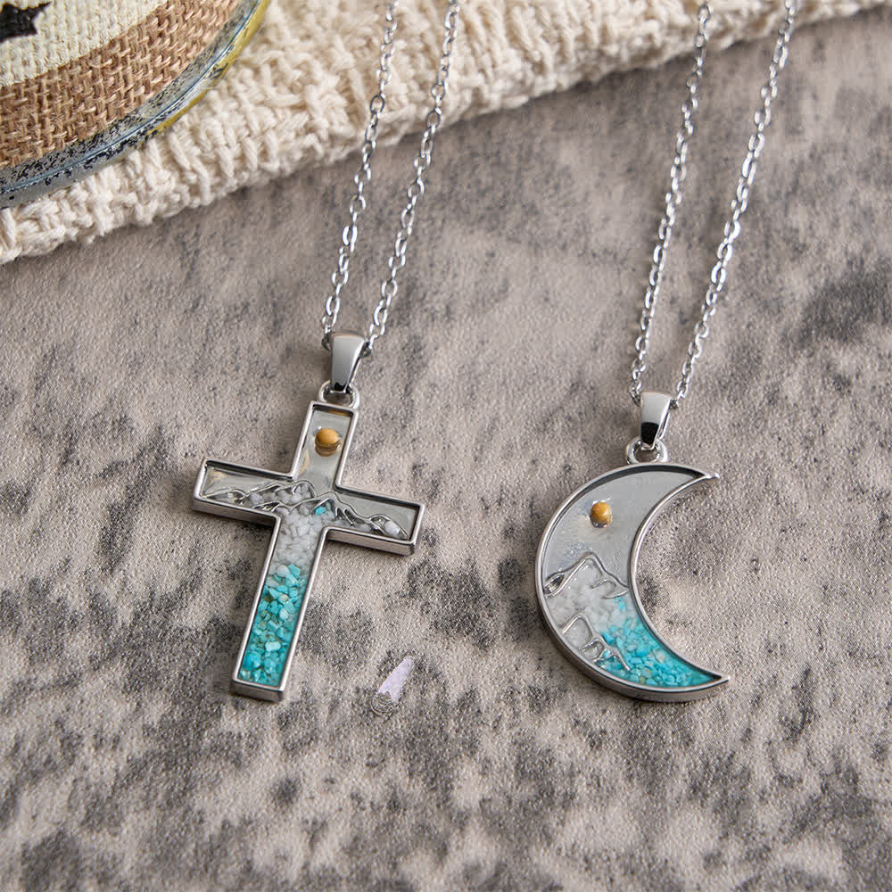 Mustard Seed Crescent Moon & Cross Necklace: Turquoise Inlay & Silver-Tone Design