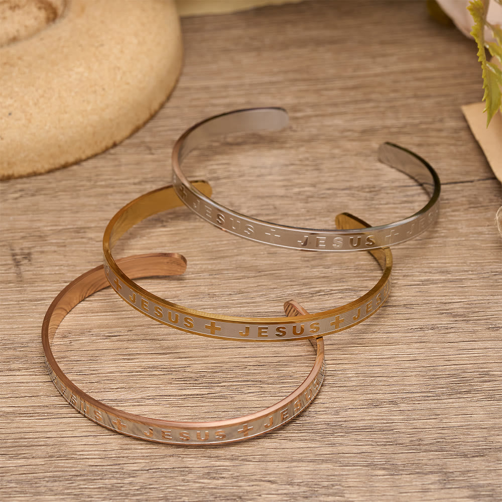 Engraved JESUS Cuff Bracelet in Golden, Silver, Rose Gold Tone: A Reminder of Divine Grace