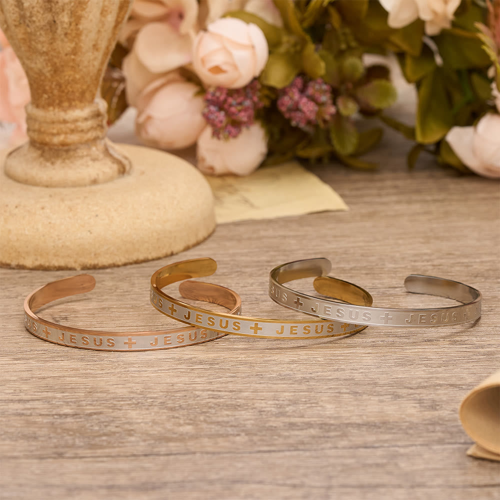 Engraved JESUS Cuff Bracelet in Golden, Silver, Rose Gold Tone: A Reminder of Divine Grace