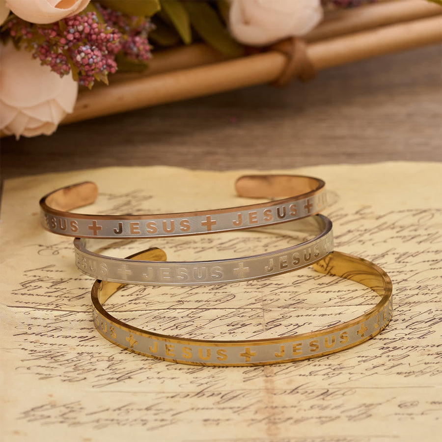 Engraved JESUS Cuff Bracelet in Golden, Silver, Rose Gold Tone: A Reminder of Divine Grace
