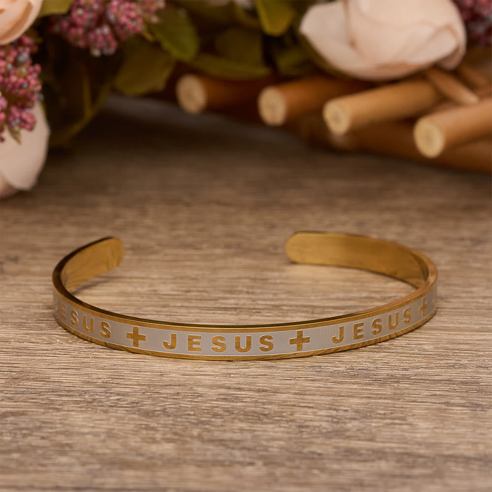 Engraved JESUS Cuff Bracelet in Golden, Silver, Rose Gold Tone: A Reminder of Divine Grace