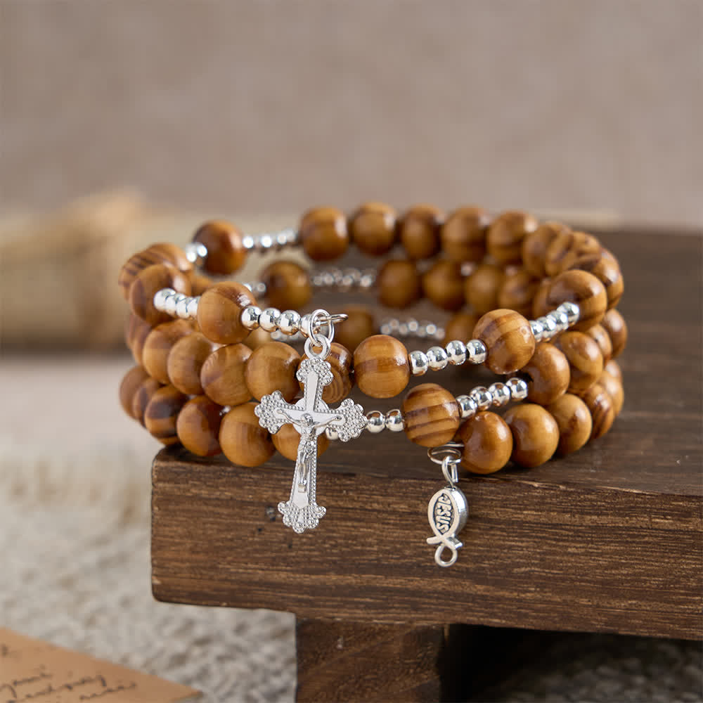 Natural Olive Wood Memory Wire Rosary Bracelet with Ichthys & Crucifix