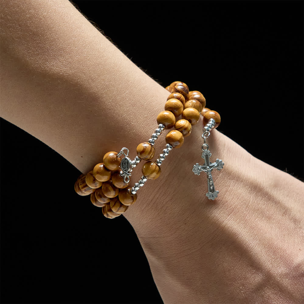Natural Olive Wood Memory Wire Rosary Bracelet with Ichthys & Crucifix