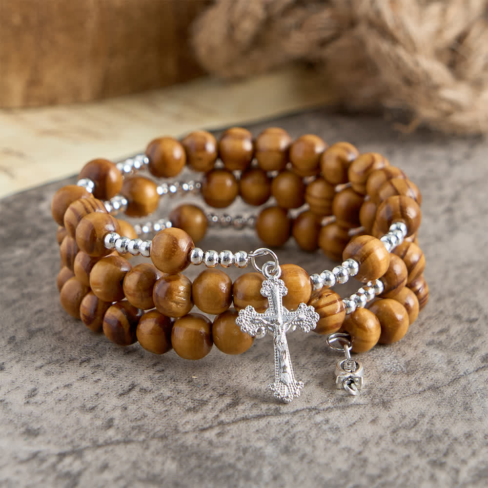 Natural Olive Wood Memory Wire Rosary Bracelet with Ichthys & Crucifix