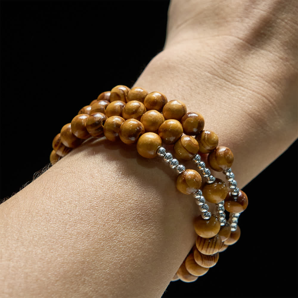 Natural Olive Wood Memory Wire Rosary Bracelet with Ichthys & Crucifix