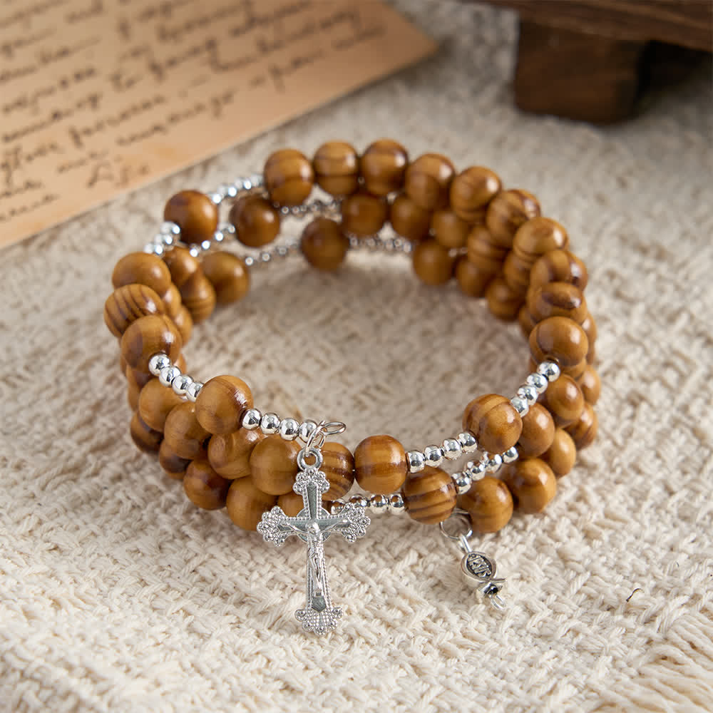 Natural Olive Wood Memory Wire Rosary Bracelet with Ichthys & Crucifix