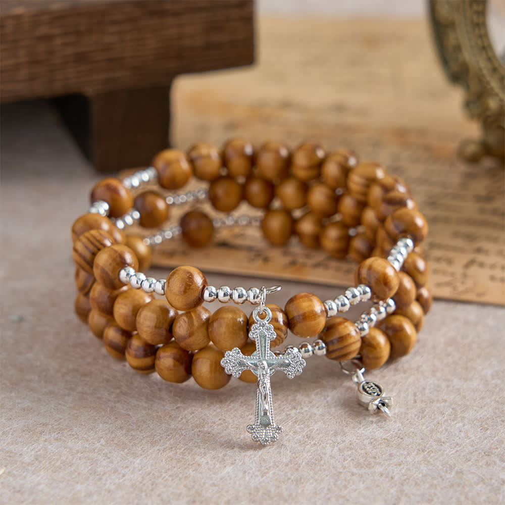 Natural Olive Wood Memory Wire Rosary Bracelet with Ichthys & Crucifix