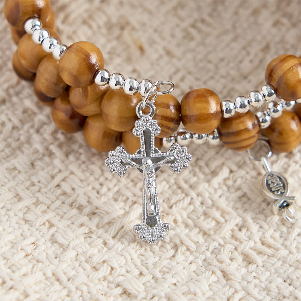 Natural Olive Wood Memory Wire Rosary Bracelet with Ichthys & Crucifix