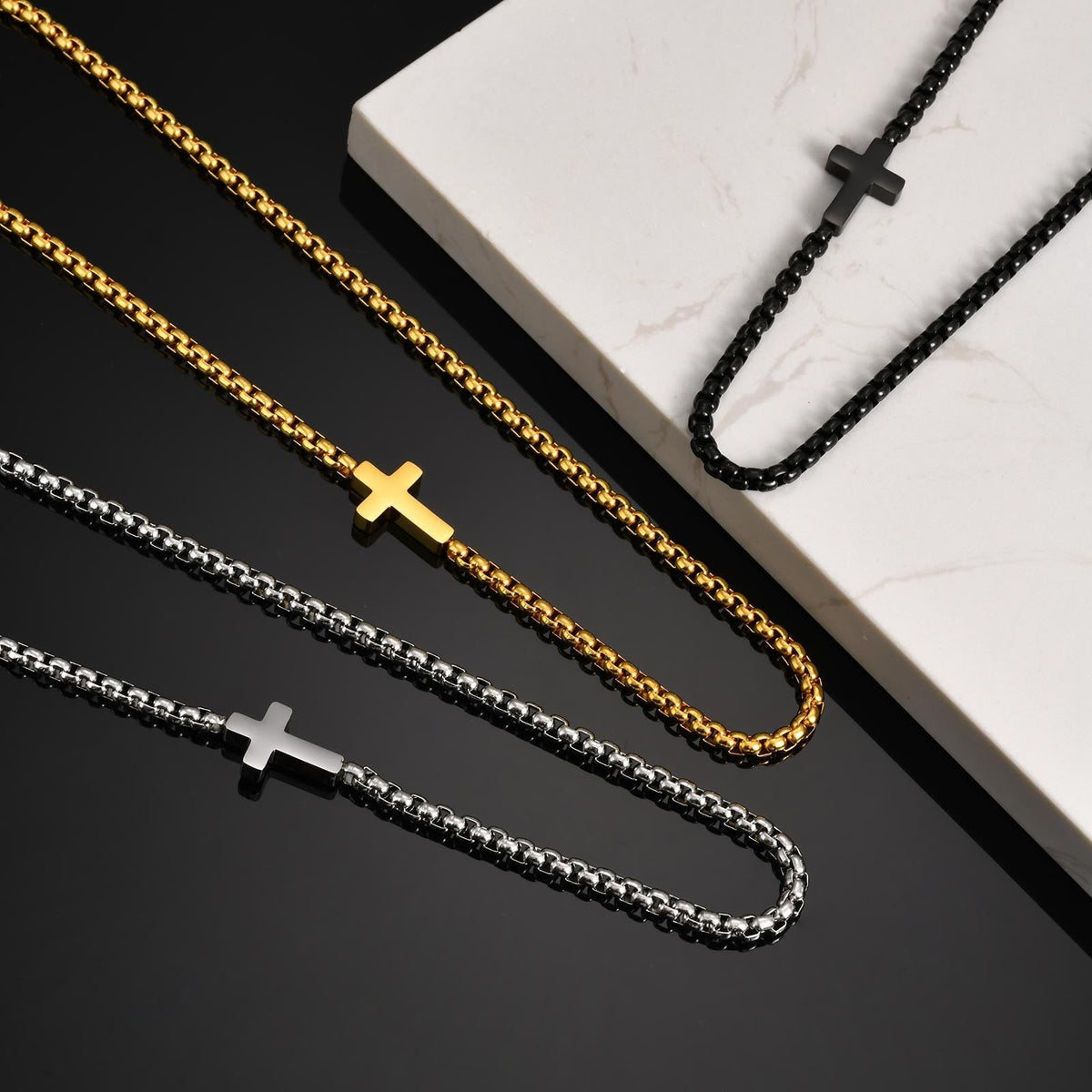 Sleek Stainless Steel Cross Necklace with Sideways Pendant: A Reminder of Divine Grace