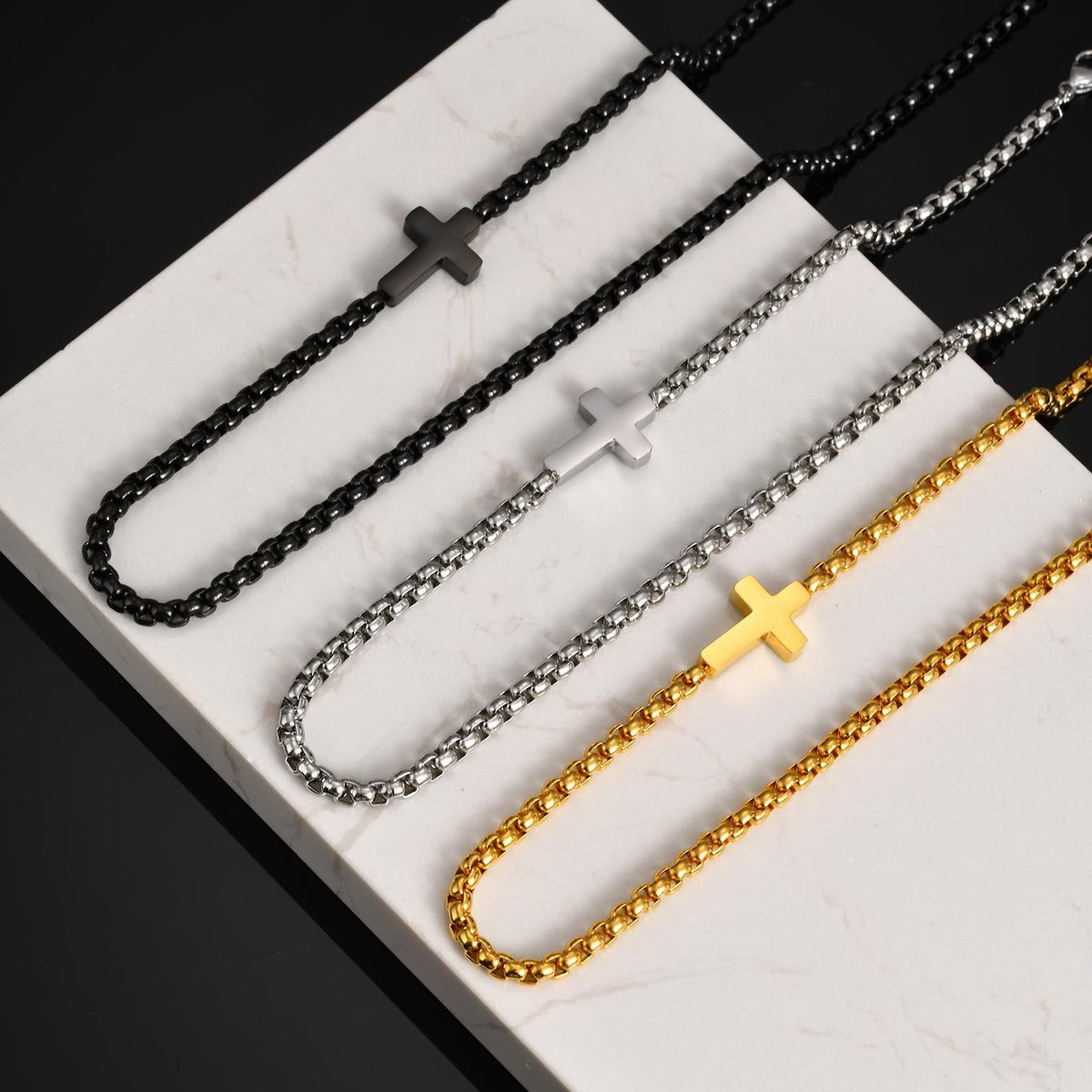 Sleek Stainless Steel Cross Necklace with Sideways Pendant: A Reminder of Divine Grace
