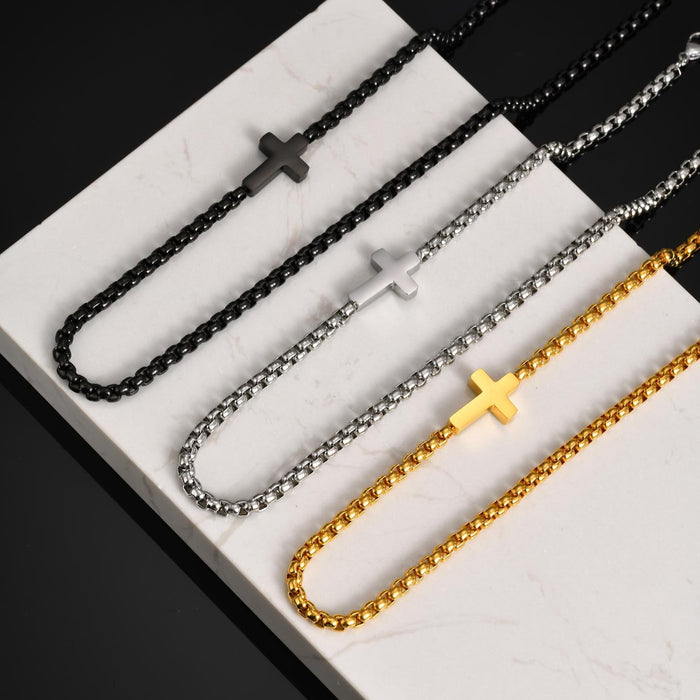 Sleek Stainless Steel Cross Necklace with Sideways Pendant: A Reminder of Divine Grace