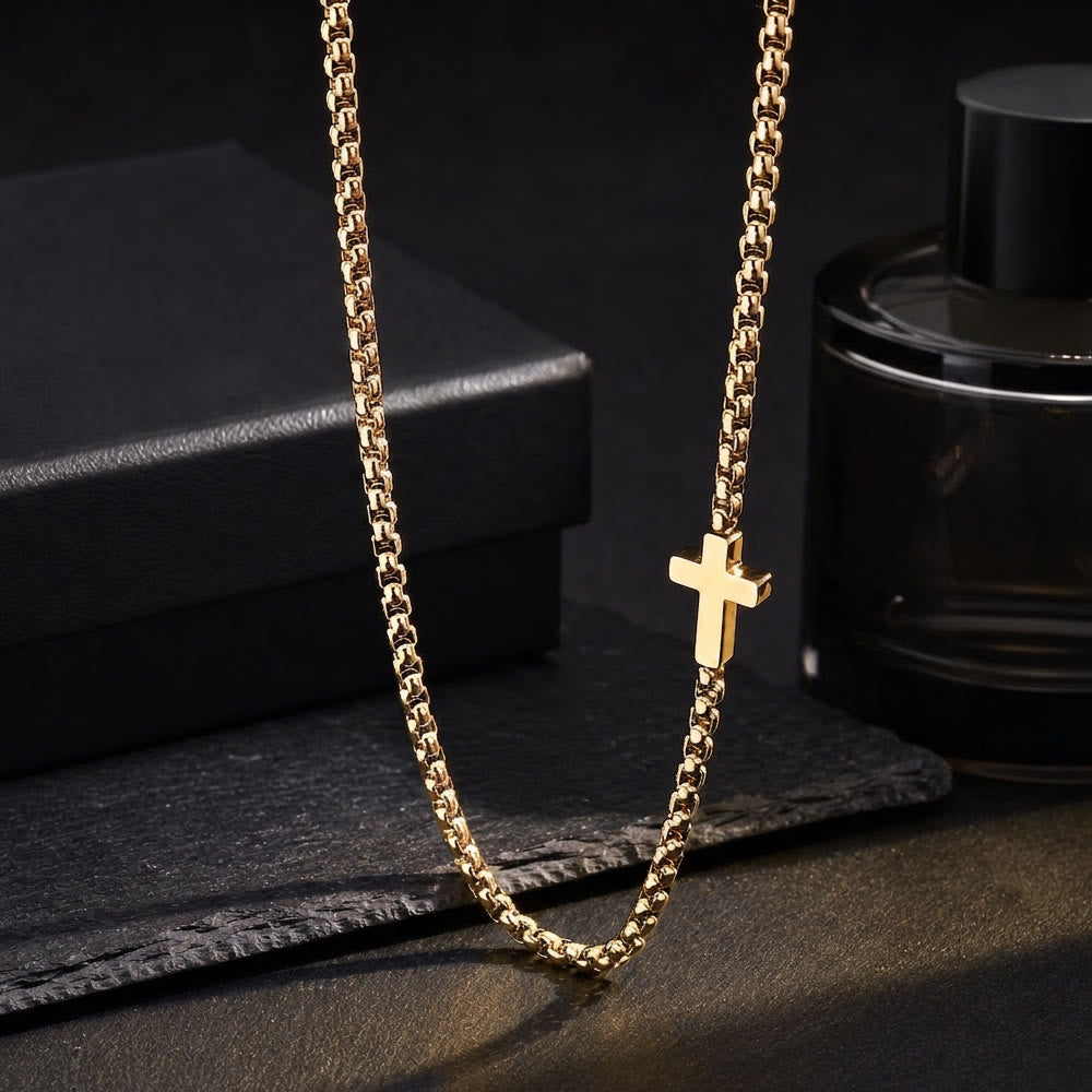 Sleek Stainless Steel Cross Necklace with Sideways Pendant: A Reminder of Divine Grace