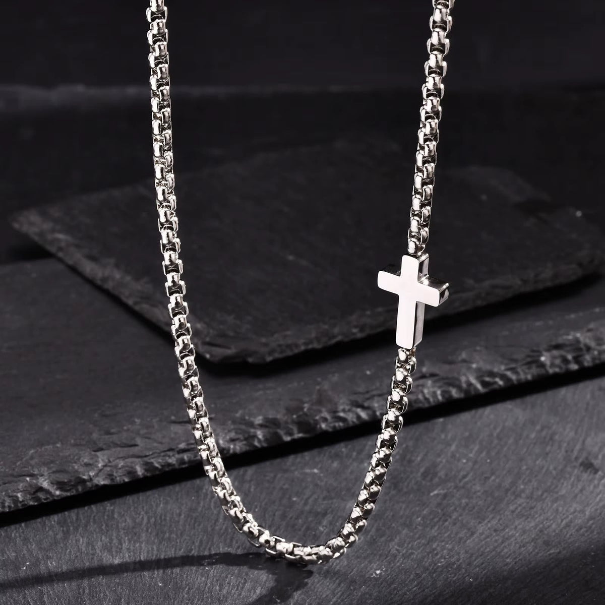 Sleek Stainless Steel Cross Necklace with Sideways Pendant: A Reminder of Divine Grace