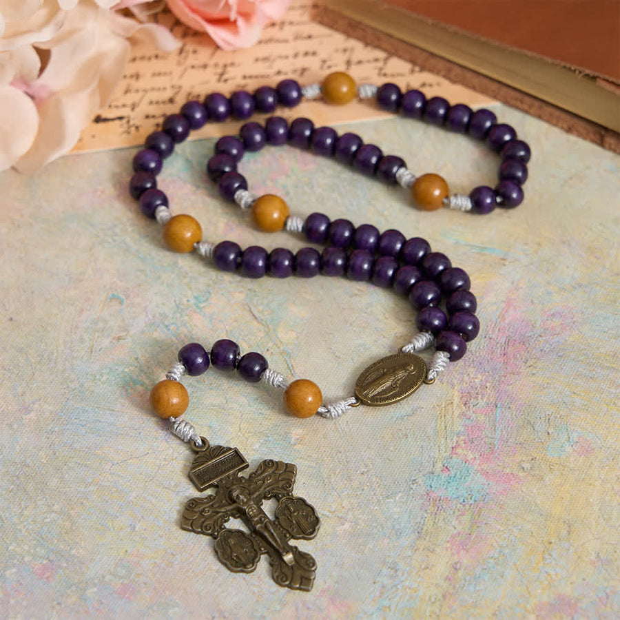 Deep Purple Maple Wood & Peachwood Rosary with Miraculous Medal for Peaceful Guard
