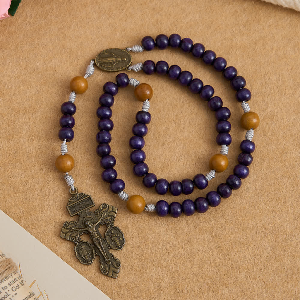 Deep Purple Maple Wood & Peachwood Rosary with Miraculous Medal for Peaceful Guard