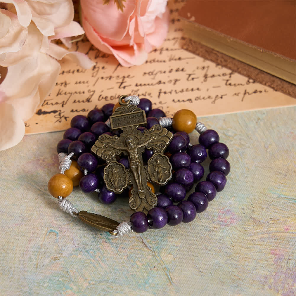 Deep Purple Maple Wood & Peachwood Rosary with Miraculous Medal for Peaceful Guard