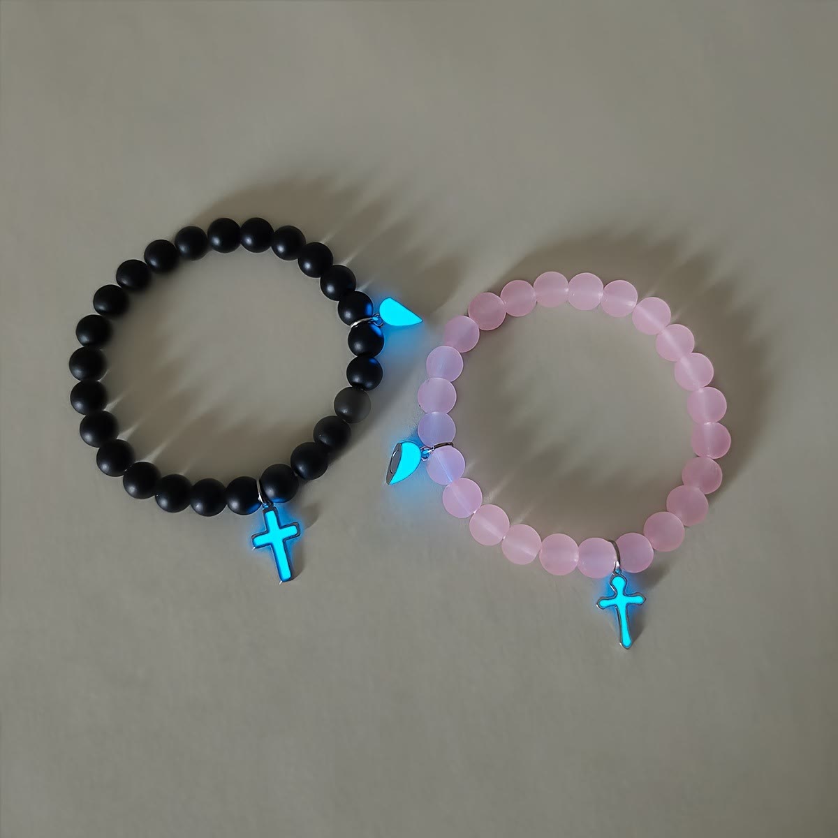 Glowing Cross Matching Beaded Bracelets with Magnetic Heart Clasp: A Symbol of United Faith & Shared Love