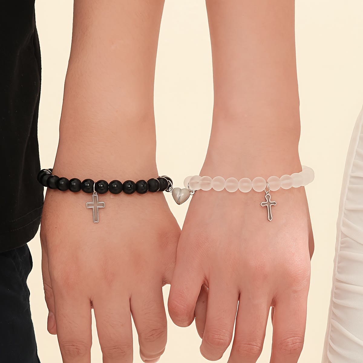 Glowing Cross Matching Beaded Bracelets with Magnetic Heart Clasp: A Symbol of United Faith & Shared Love
