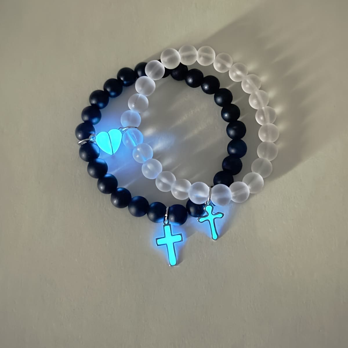 Glowing Cross Matching Beaded Bracelets with Magnetic Heart Clasp: A Symbol of United Faith & Shared Love