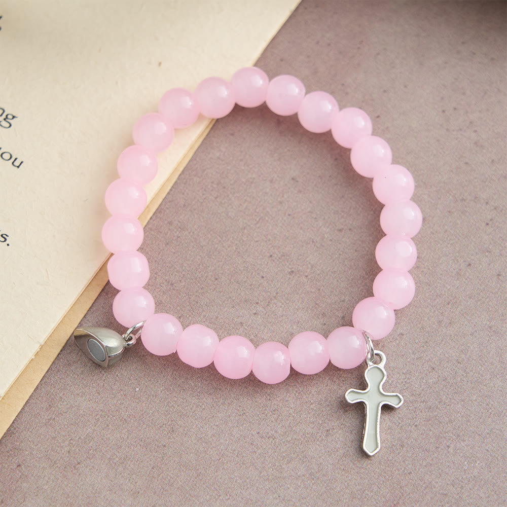 Glowing Cross Matching Beaded Bracelets with Magnetic Heart Clasp: A Symbol of United Faith & Shared Love