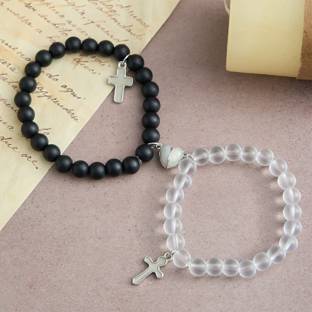 Glowing Cross Matching Beaded Bracelets with Magnetic Heart Clasp: A Symbol of United Faith & Shared Love
