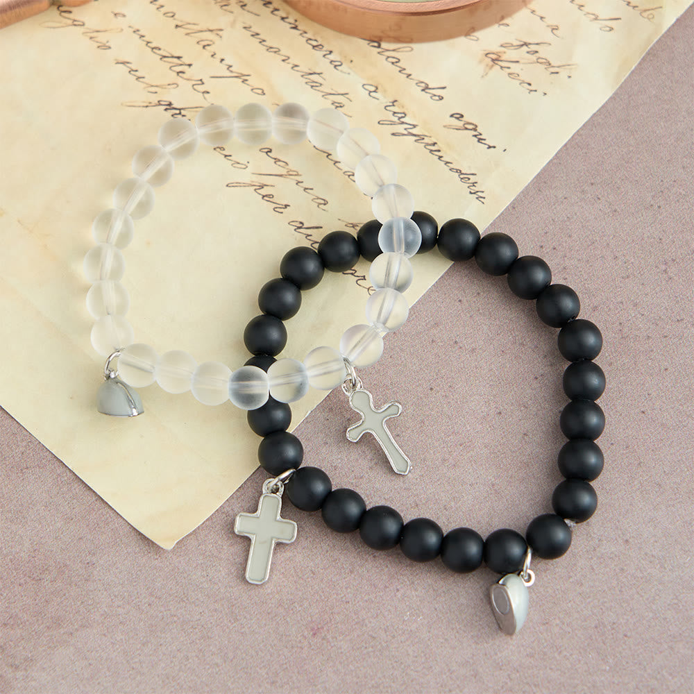 Glowing Cross Matching Beaded Bracelets with Magnetic Heart Clasp: A Symbol of United Faith & Shared Love