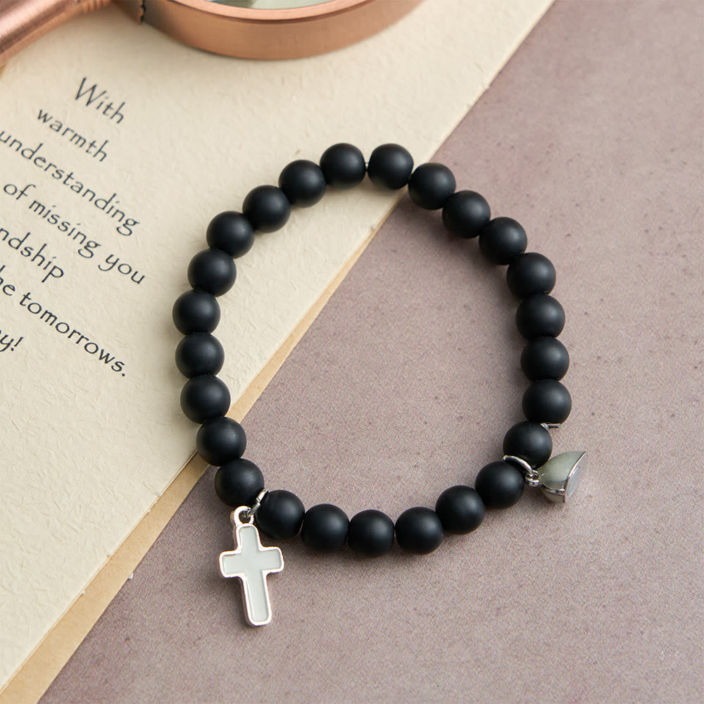 Glowing Cross Matching Beaded Bracelets with Magnetic Heart Clasp: A Symbol of United Faith & Shared Love