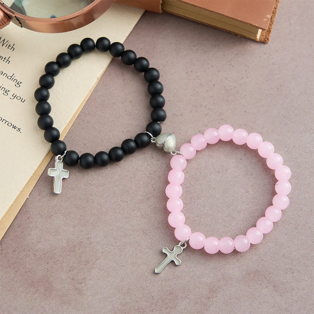 Glowing Cross Matching Beaded Bracelets with Magnetic Heart Clasp: A Symbol of United Faith & Shared Love