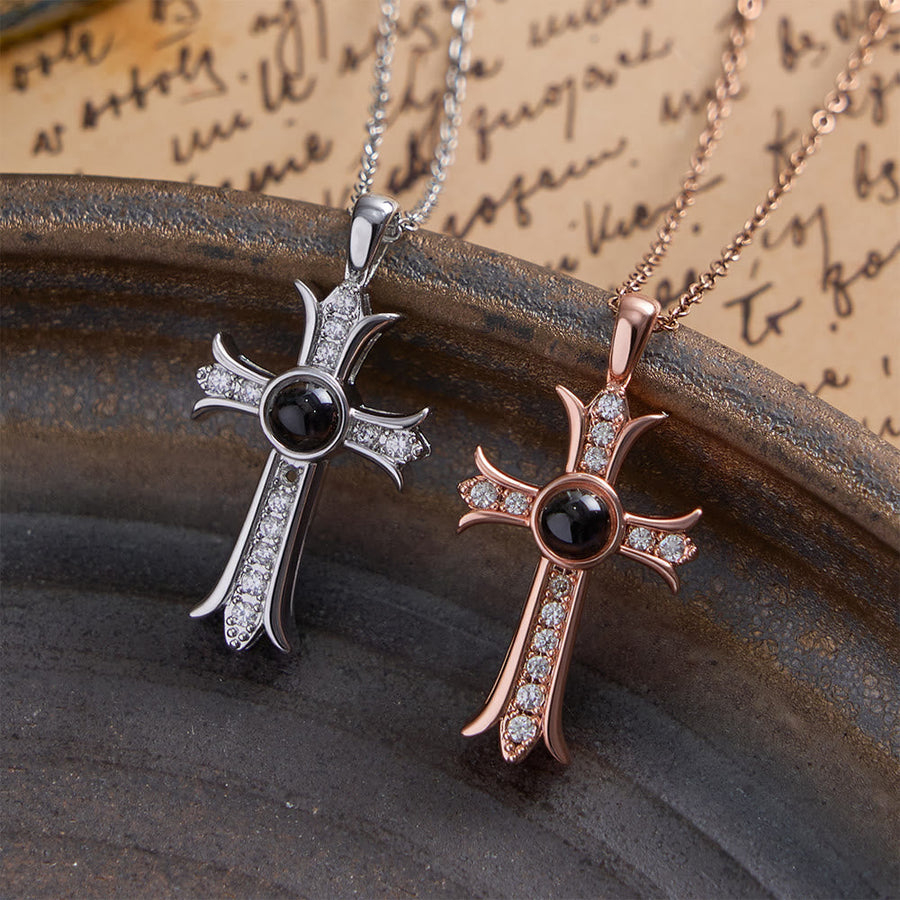 Crystal-Encrusted Cross Necklace with Black Center Stone: A Symbol of Divine Light & Timeless Faith