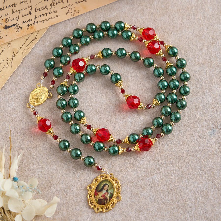 Vintage Dark Green St. Therese Medal Seven Sorrows Rosary with Ruby Red Accents