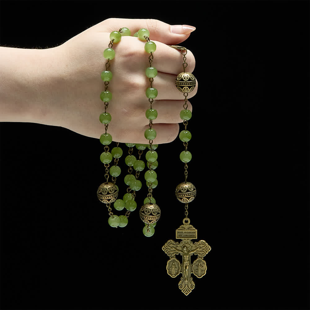 Bronze Filigree & Olive Green Glass Rosary with Our Lady