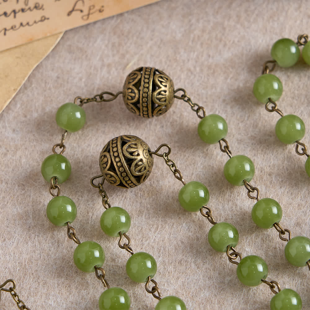 Bronze Filigree & Olive Green Glass Rosary with Our Lady