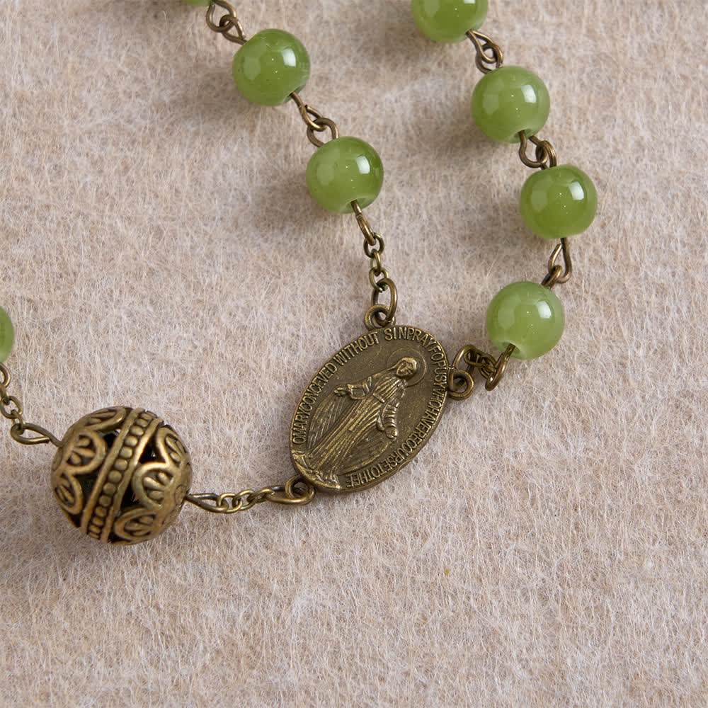 Bronze Filigree & Olive Green Glass Rosary with Our Lady