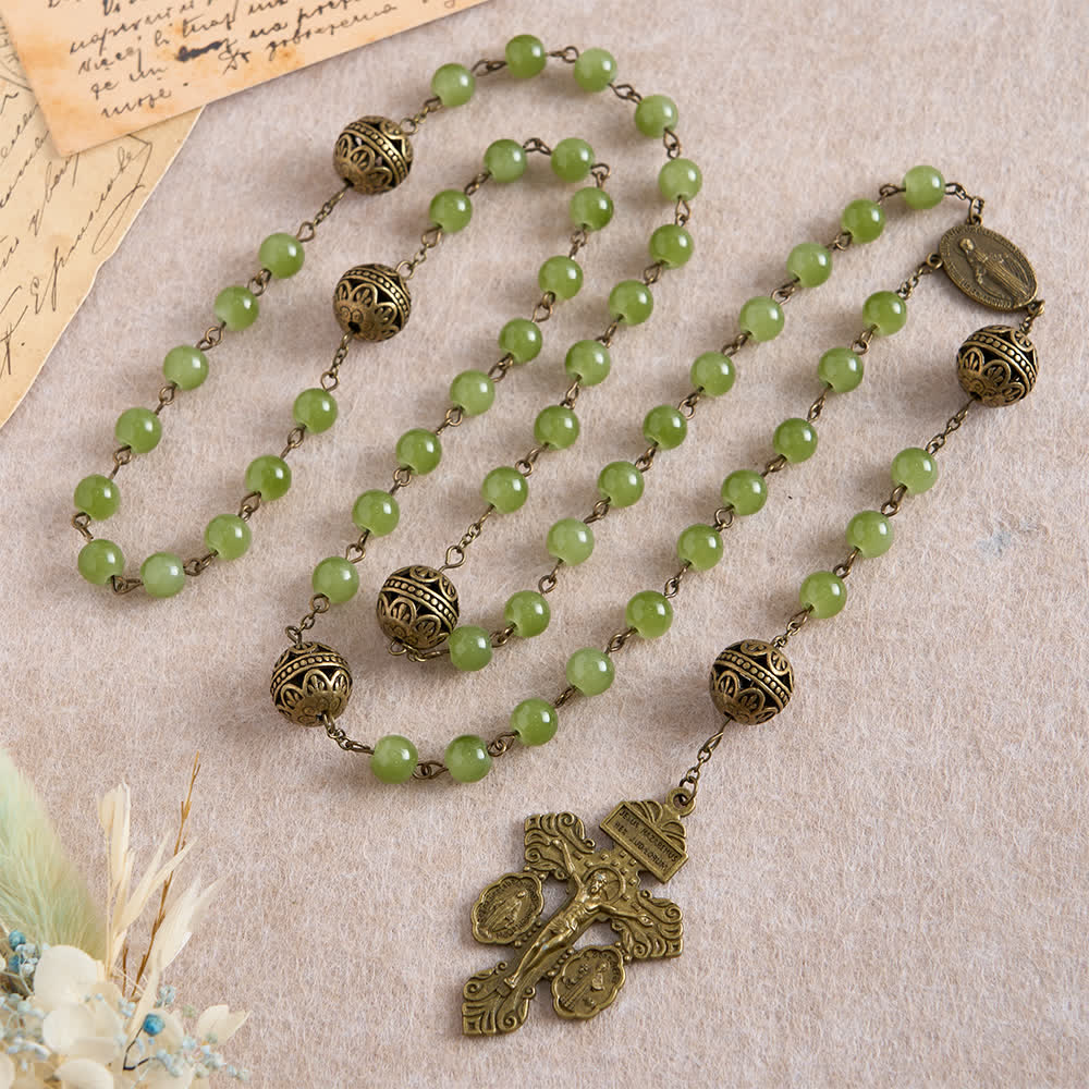 Bronze Filigree & Olive Green Glass Rosary with Our Lady