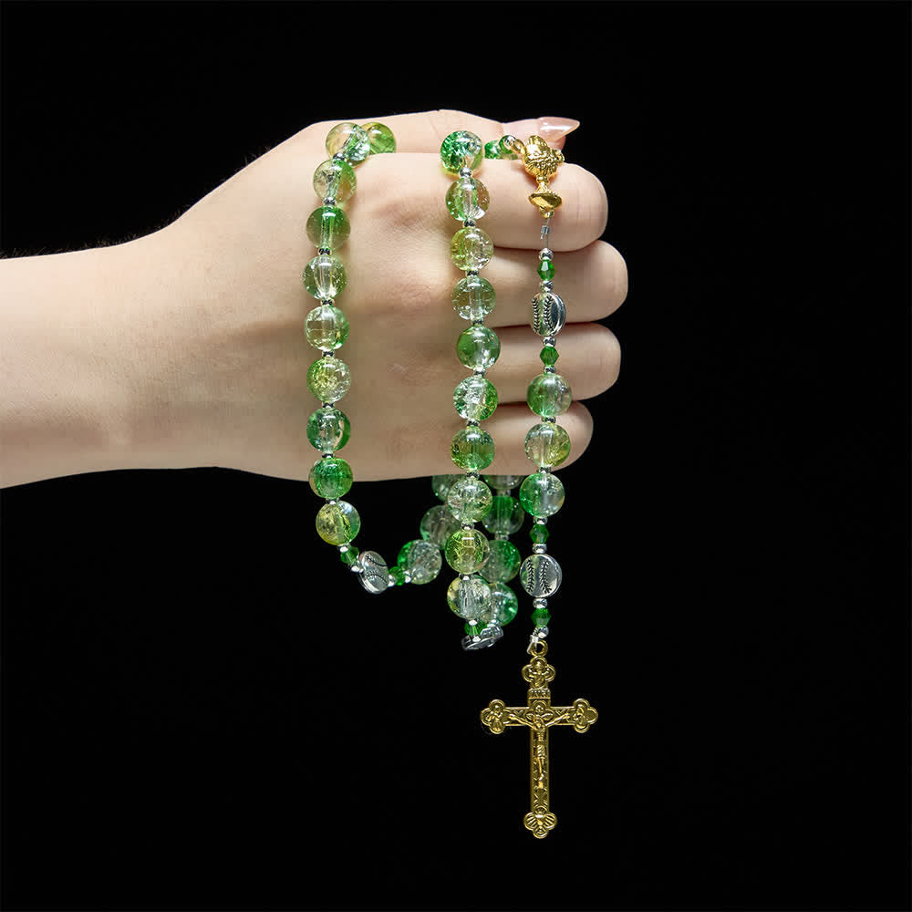 Yellow Green Crackle Glass Rosary: Tennis Ball Beads with Eucharist Medal for Faith in Motion