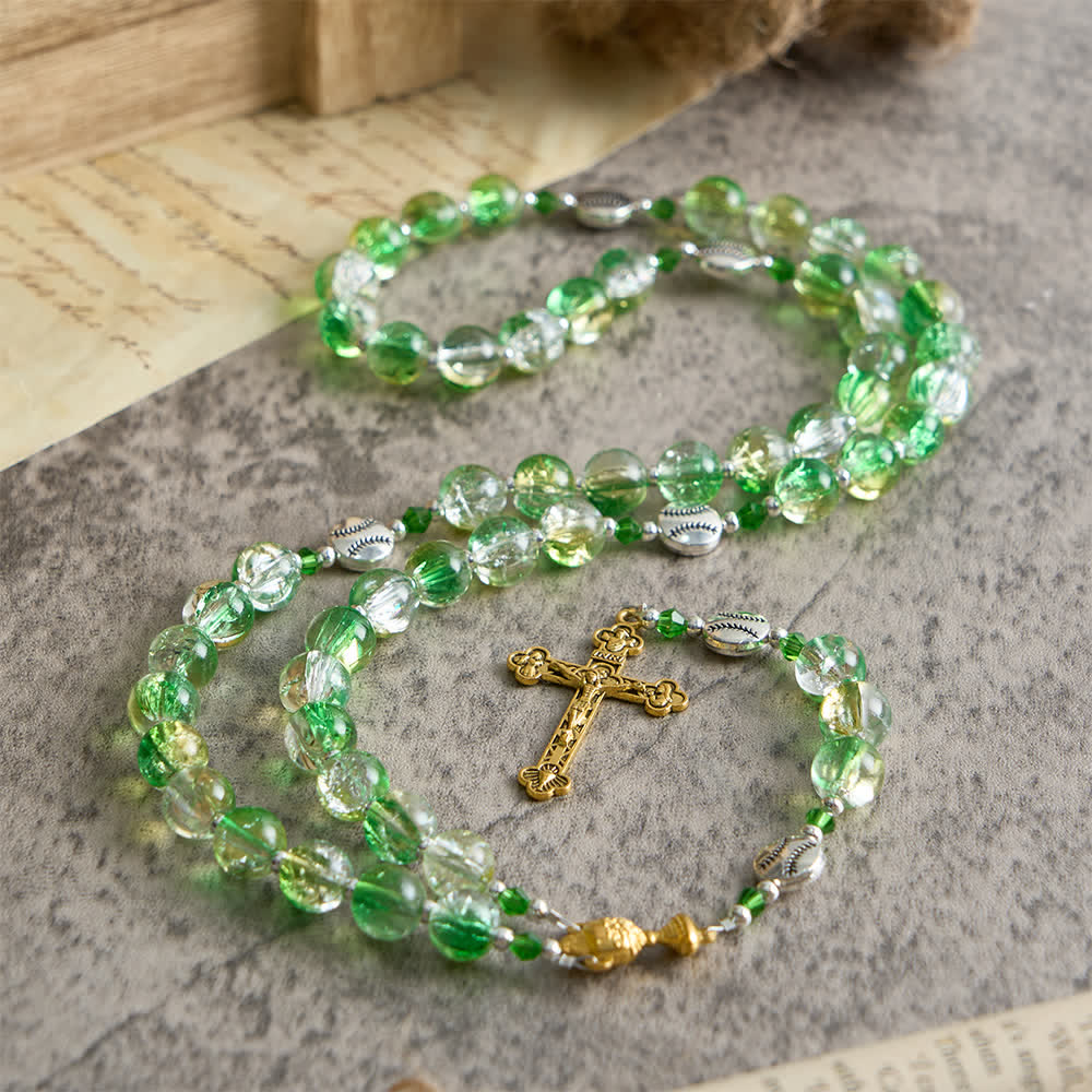 Yellow Green Crackle Glass Rosary: Tennis Ball Beads with Eucharist Medal for Faith in Motion