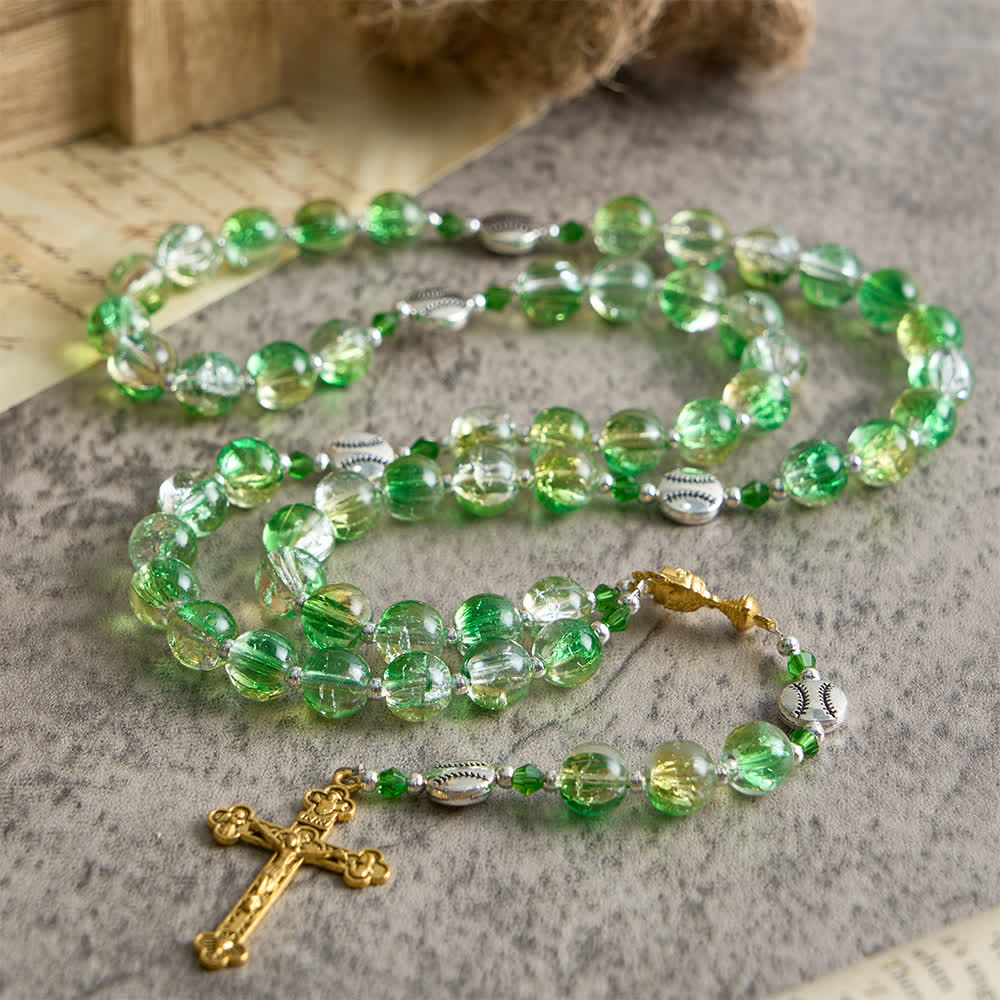 Yellow Green Crackle Glass Rosary: Tennis Ball Beads with Eucharist Medal for Faith in Motion